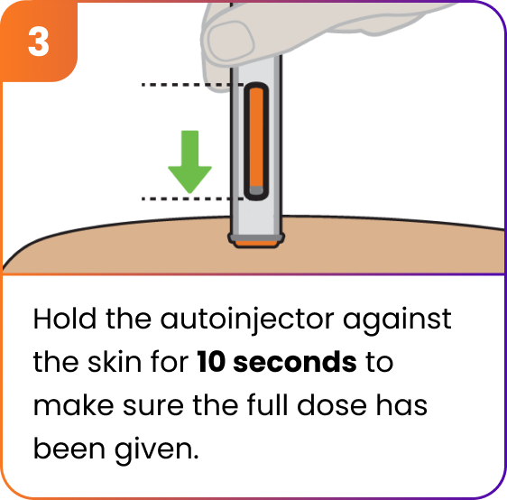 Step 3 - Hold the autoinjector against the skin for 10 seconds to make sure the full dose has been given.