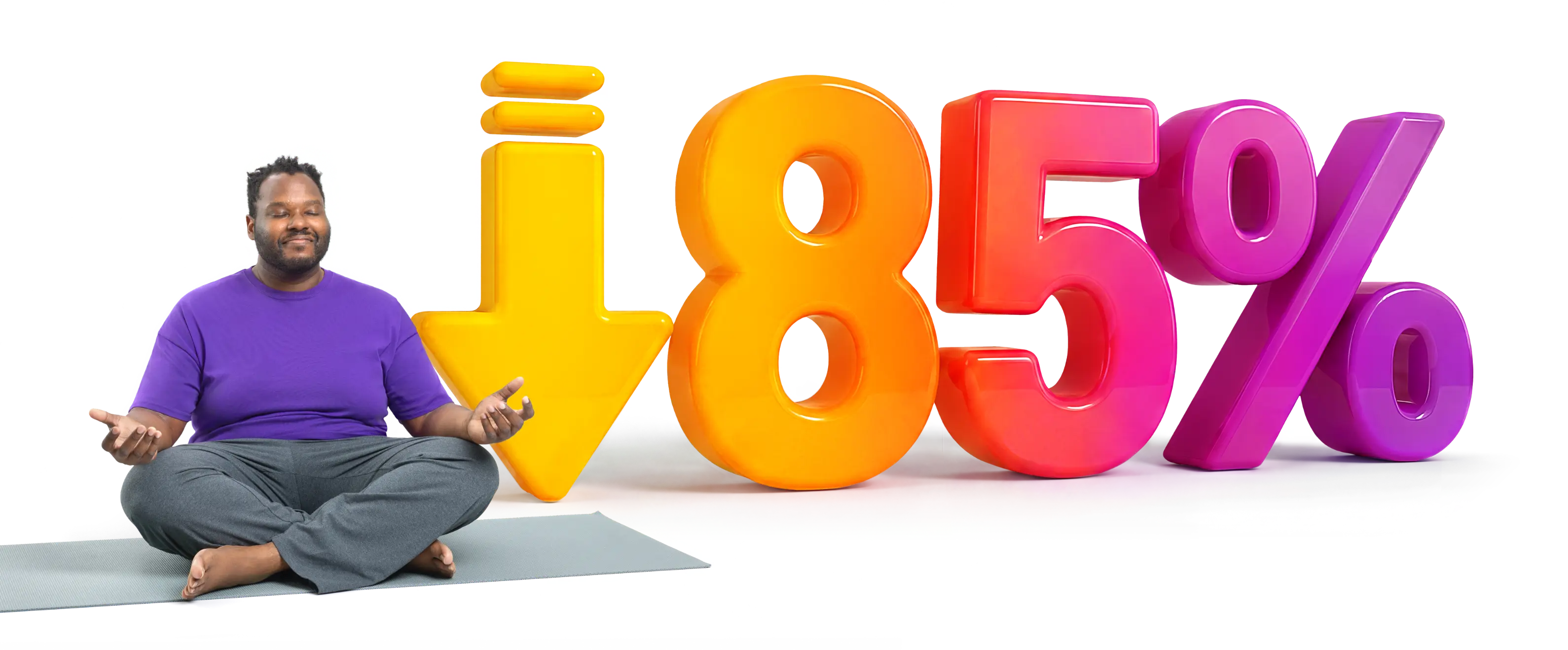 Actor portraying a TRYNGOLZA study participant doing yoga next to a down arrow and 85%.