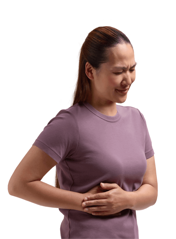 Actor portrayal of patient holding her stomach, symbolizing abdominal pain, a symptom of FCS